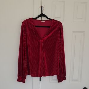 JODIFL Crush Red Velvet Long Sleeve V Neck Ribbed Blouse Size XL